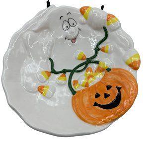 Halloween Ghost Pumpkin Candy Corn Dish Ceramic Jack O Lantern Decoration Bowl